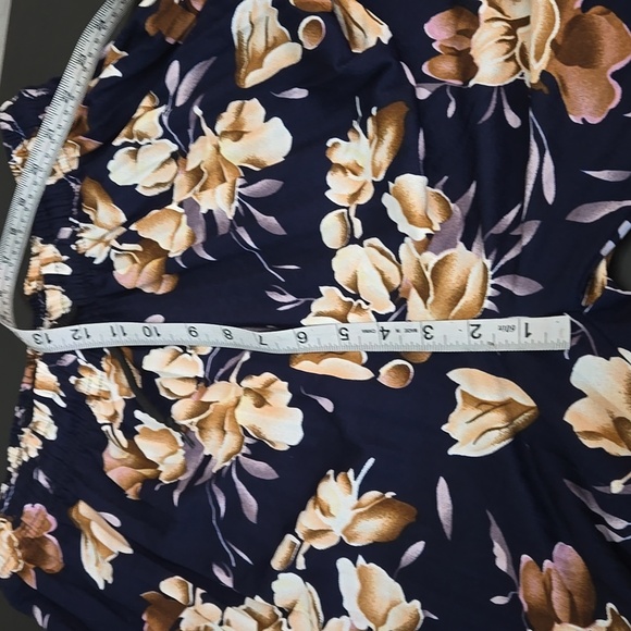 Fancy Pleated Palazzo Pants Blue Cream Flowers Wide Leg Elastic Waistband Med. - Picture 10 of 11